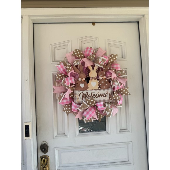 Beige Pink Welcome Easter Bunny Rabbit Mesh Ribbon Spring Wreath Door Hanger - Picture 7 of 7